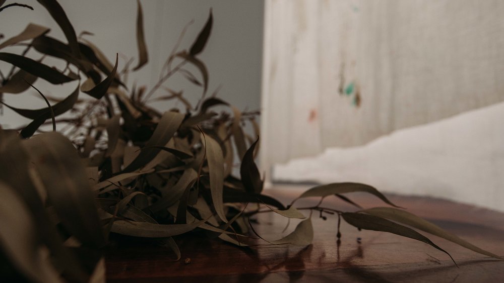 Rebecca Orchard, Tracing the Terrain, 2017, house paint, river water, watercolour on linen, wooden frame, curtain rod, audio, leaves